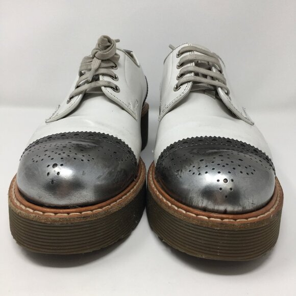 Prada Lace Up Platform Leather Brogue Shoes White leather Silver Toe Womens 39 - Picture 3 of 15